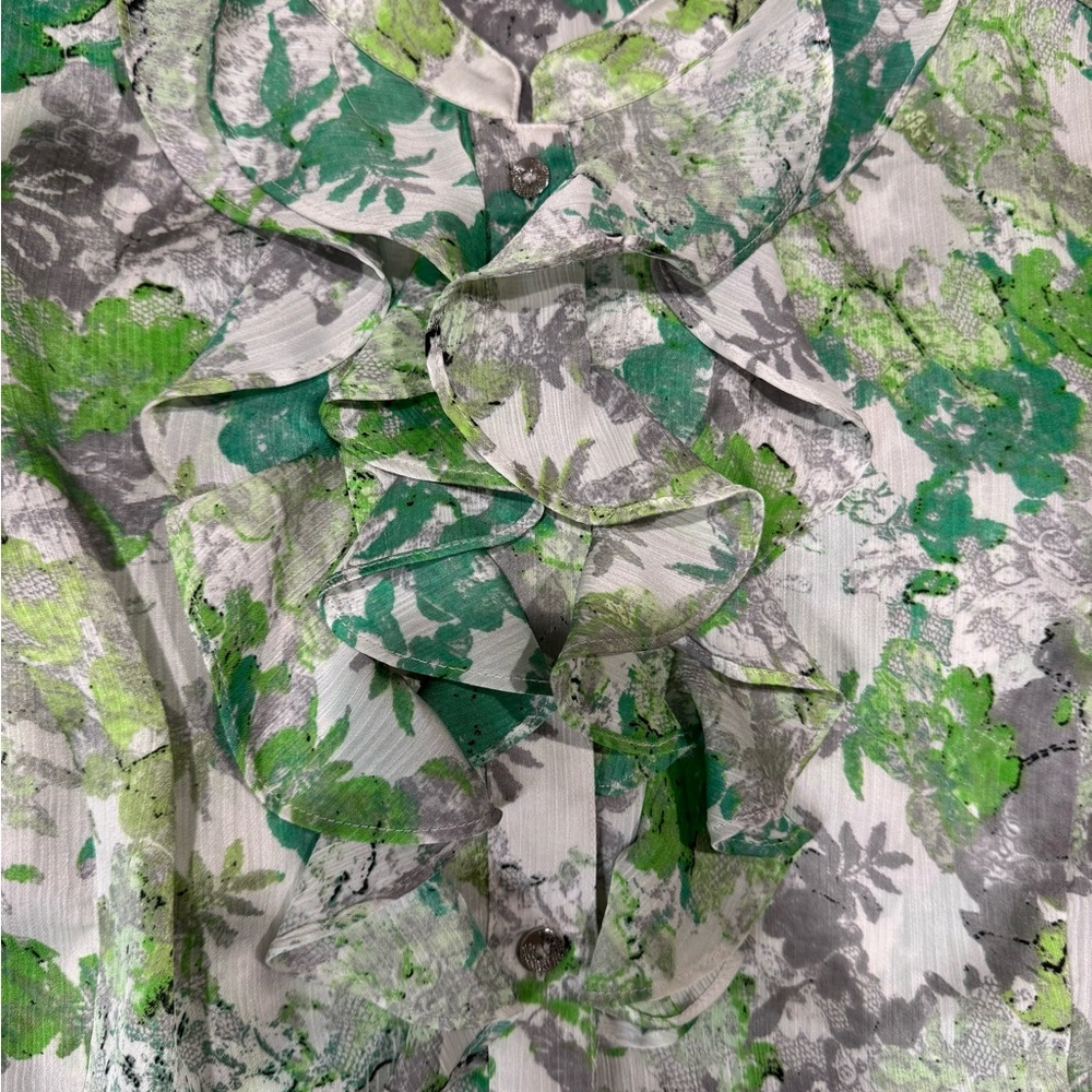 Tahari Green & Gray Ruffled Mandarin Collar sleeveless Blouse size Large - Picture 9 of 12